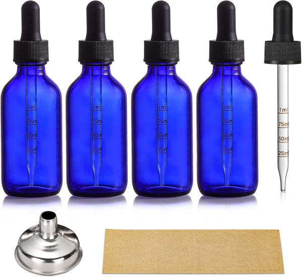 4 Pack 2 oz Dark Blue Glass Dropper Bottles with Measured Dropper - 60ml Leakproof Tincture Bottles