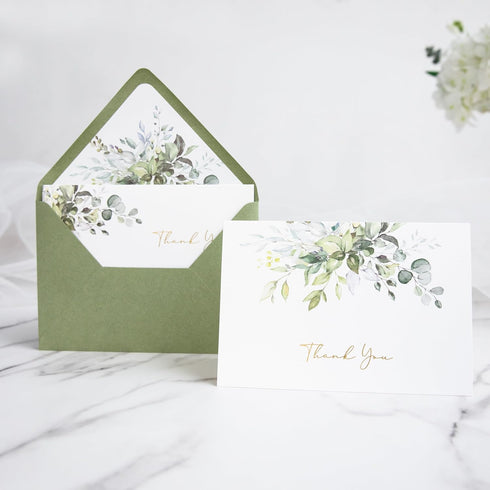 50 PACK 4x6 PONATIA Gold Foil Thank You Cards With Sage Green Envelopes, Floral Printing Greeting Cards With Adhesive