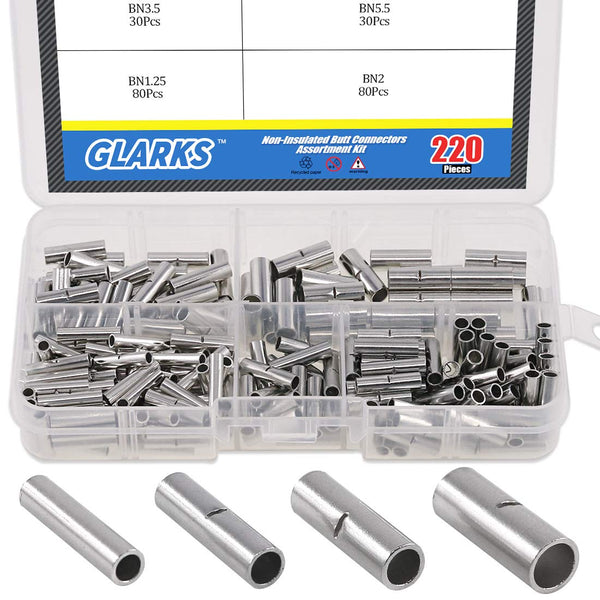 Glarks 220Pcs Non-Insulated Butt Connectors Assortment Kit, 22-16/16-14/14-12/12-10 AWG Gauge for Electrical Splice