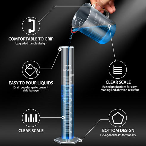 moveland Upgraded Plastic Graduated Cylinder and Beakers Set - 10ml 25ml 50ml 100ml Graduated Cylinder, 5 Pcs Pipettes