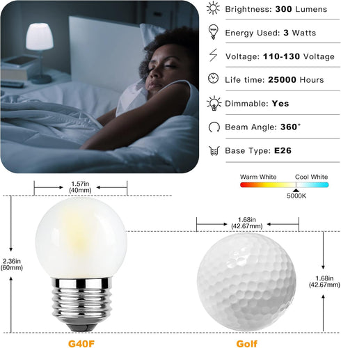 Dimmable 3W LED Bulb Equivalent 25 Watt Light Bulbs, Daylight 5000K, E26 Medium Base, Frosted, 300 Lumens, CRI 90+, G40 3 Watt Edison Bulbs for Nightstand Light Bulb, Refrigerator, 4-Pack by Sphoon