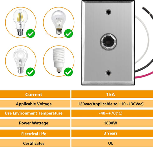 PPZ 2-Pack,Dusk Photocell Sensor for Outdoor Lights w/Wall Plate to Dawn Wire-in Switch Photoelectric Control