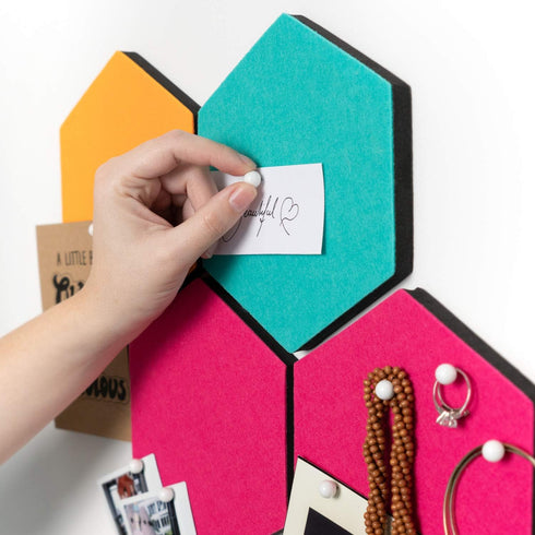 Navaris Hexagon Felt Board Tiles - Set of 6 Notice Memo Bulletin Boards with Push Pins Pack 5.9 x 7 inches (15 x 17.7 cm) - Turquoise, Orange, Pink by Navaris