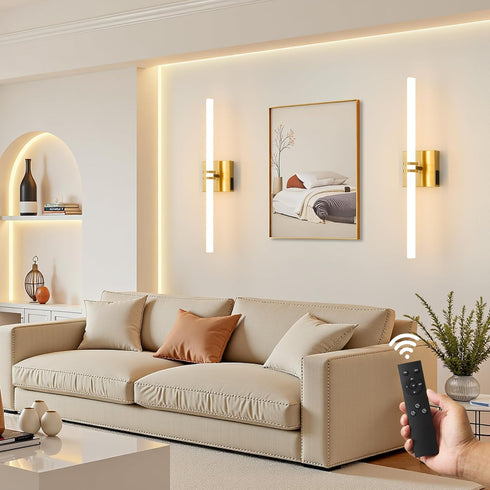 1Pack, Dimmable 22 Inch 3000K-6000K Battery Operated Wall Sconce Gold Rechargeable Wall Lights with Remote Control, LED