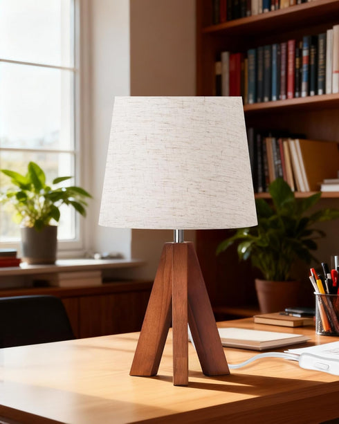 14.6 Inch E26 LE51TL05 Tripod Table Lamp, Small Bedside Lamp with Beige Linen Shade, Modern Nightstand Lamp