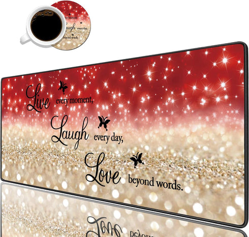 Desk Pad Gaming Mouse Pad with Coasters, 31.5"x 11.8" Large Non-Slip Rubber Base Mousepad, Red Glitter Quote