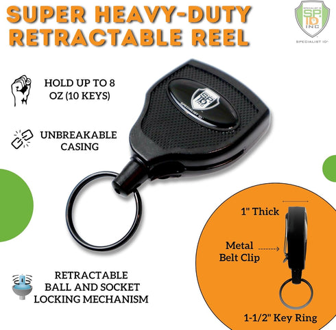 Specialist ID 2 Pack - SUPER Heavy Duty Retractable Keychain, 8oz or 10 Keys with 48” Kevlar Lanyard (Black)