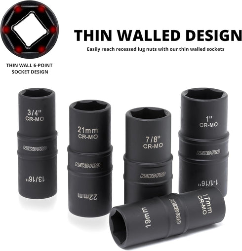 02287B 6-Pc 1/2-Inch-Drive Set, 10 Set, 3-Inch 6-Point, 19 21mm NEIKO Impact Socket SAE & Metric Sizes, Thin Wall Wheel