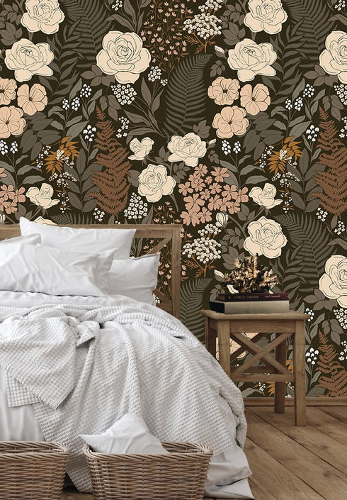 HAOKHOME 93276 Peel and Stick Wallpaper: Floral Vintage Removable Rose Leaf Black/Brown/Beige Stick on Mural 17.7in x