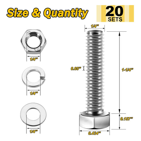 (20 Sets) 1/4-20x1-1/4" Hex Head Stainless Steel Bolts and Nuts | 304 Stainless Steel with Washers, Fully Threaded