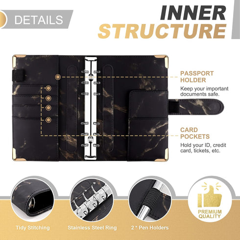Onlyesh Budget Binder with Cash Envelopes, 28Pcs Money Organizer for Cash, Marble 6-Ring Money Saving Binder (Black).