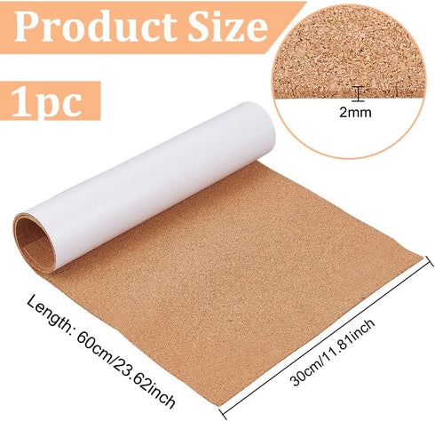 BENECREAT 2mm Thick Adhesive Cork Roll Liner, 12x24 Inch Insulation Cork Roll for Bulletin Board, Coasters, Door Signs and Floor Wall Decors