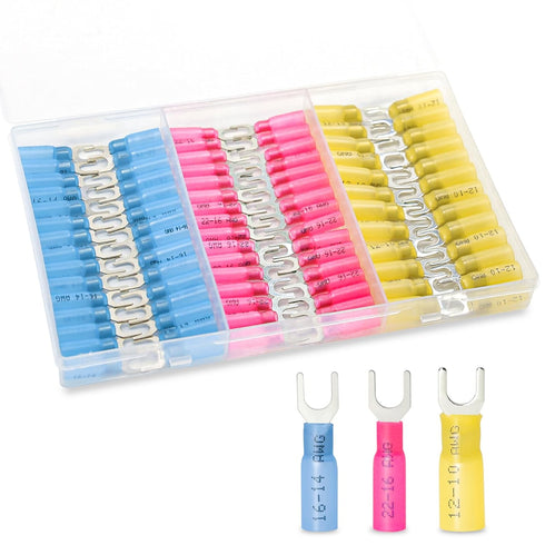 180PCS Fork Connectors Heat Shrink, Tinned Copper Fork Terminals Waterproof for 10, 12-10, 16-14, 22-16 Gauge
