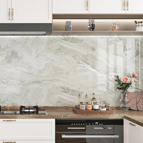 Shiny Beige Marble Contact Paper, Peel and Stick Waterproof Wallpaper for Kitchen Walls, Vanity Table 17.71"x120"