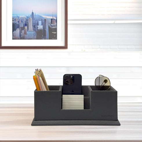UnionBasic Leather Desk Organizer, Multi-compartment Pen Holder, Gray