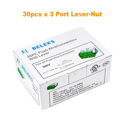 Lever Nuts Splicing Connector for Solid and Stranded Conductors, 3 Conductor with Operating Levers, AWG 12-24, Pack of