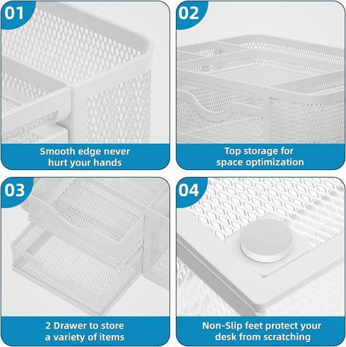 Marbrasse Mesh Desk Organizer - Pen Holder with 2 Drawers, Multi-Functional for Office Art Supplies