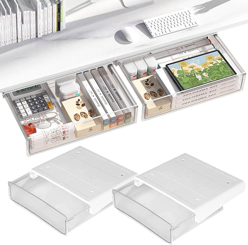 OSPNIEEK Self-adhesive Under Desk Drawer Organizer - 2 Pack Large Storage Mounted Desktop Pencil Holder Tray