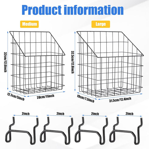 meekoo 2 Pcs Pegboard Baskets with 4 Pegboard Hooks, 12.4 x 7.5 x 12.8'', Peg Board Organizer for Garage Storage