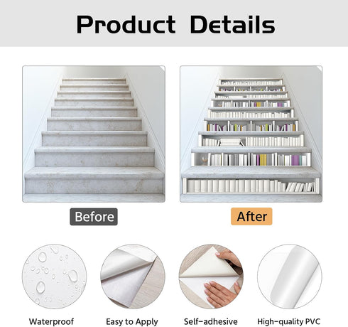 15 3D 7.1"x39" PLIGREAT Strips Bookshelf Stair Riser Decals, Peel and Stick Stair Stickers for Steps Self-Adhesive