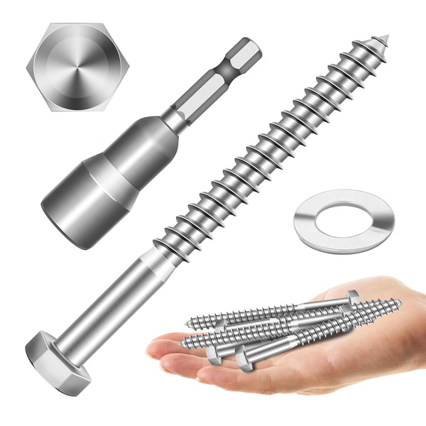 Mywish 3/8" x 4" Hex Head Lag Bolts (8 Sets), Heavy Duty 304 Stainless Steel Screws with Washers, Bright Finish