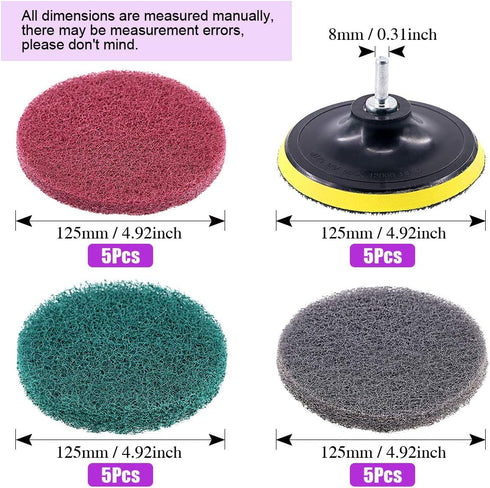 Swpeet 16Pcs 5Inch 3 1 Different Color Scrubbing Pads Drill Powered Brush Tile Scrubber Scouring Pads Cleaning Kit