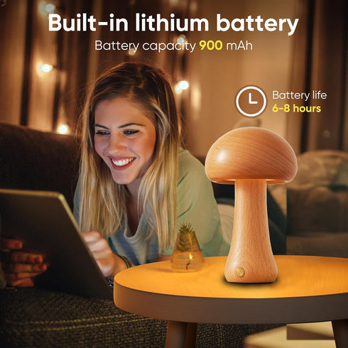 Small Wood Mushroom Lamp, LED Cordless Bedside Touch Lamp, Portable Dimmable Battery Mushroom Lamp for Bedroom Nightstand by LONRISWAY