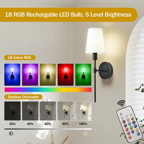 BAKZARY Set 2, 2 52000mAh Bulbs, 18 Dimmable Battery Operated Wall Sconce of Rechargeable Wall Lights with * Magnetic