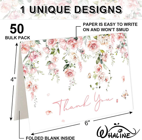 50 Pack Whaline Pink Flower Thank You Cards Floral Thank You Greeting Note Cards Boxed with Envelope Sticker