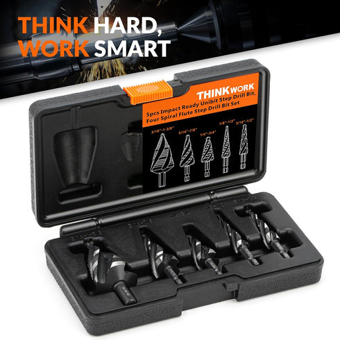 THINKWORK 5 Pcs HSS Four Spiral Flute Step Drill Bit Set (1/8"-1-3/8") with 1/4" and 3/8" Shank