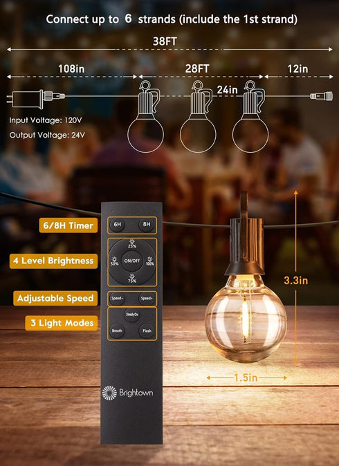 38Ft 15 Bulbs Brightown Outdoor String Lights with Remote & Shatterproof LED - Waterproof Patio Hanging Lamps for Porch