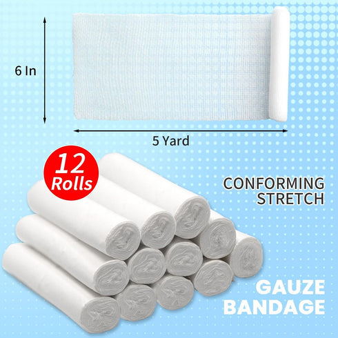 12 Pack 6 Inch 5 Cling Gauze Rolls x Yard, White Rolled Gauze Wraps Vet Wrap for Horses, Pure Cotton Bandage Wrap