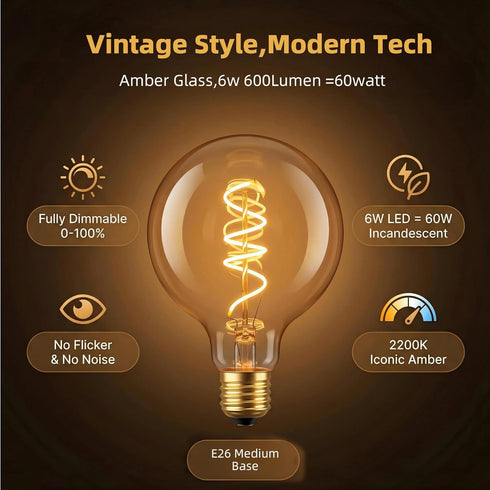 G125/G40 Bulb 2200K Dimmable Bulb,6W E26 Bulb 1Pack Large Vintage Oversized LED Edison Amber Glass Warm White Light