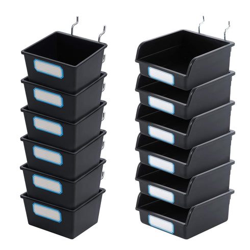 Pegboard Bins with Hooks and Labels FRIMOONY, 6 Pack Type A and 6 Pack Type B, Black