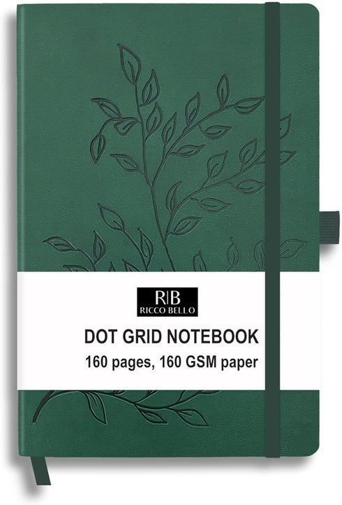 RICCO BELLO Green Leaves Hardcover Dot Grid Bullet Journal, Lay Flat Design, 5.7 x 8.4 inches, 160 Pages, 160 gsm