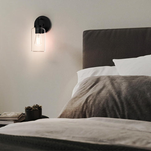 1-Light Zevluck Wall Sconce, Modern Wall Light Fixtures with Clear Glass Shade, Matte Black Bathroom Vanity Light