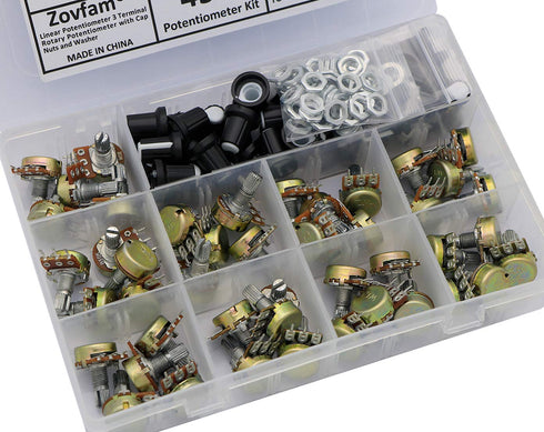 Potentiometer Kit with 1K to 1M Ohm Knurled Shaft Linear Rotary Resistors, 45 Sets with Nuts and Knobs
