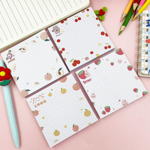 Cute Sticky Notes 4Pack (320 sheets), Kawaii 3.1x3.1in Self-Stick Note Pads with Unique Fruit Patterns