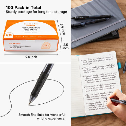 Shuttle Art Black Gel Pens, 100 Pack Retractable Medium Point Rollerball Gel Ink Pens for Office School
