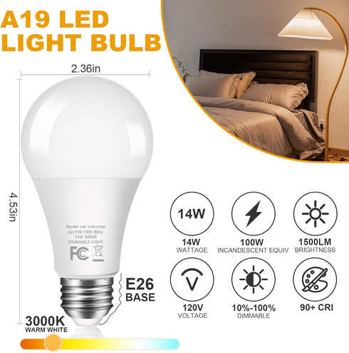 6-Pack 14W LED Dimmable Light Bulbs, 100 Watt Equivalent, A19 1500LM Warm White 3000K for Indoor Kitchen Office
