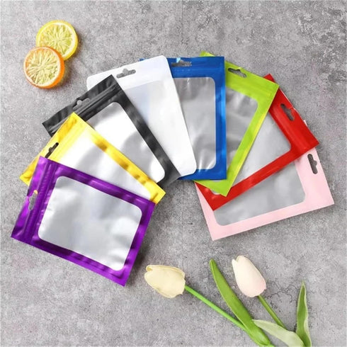 IRTGFHJE 100PCS Pouches(Blue,13x25cm) Flat Lock Bags Matte Aluminum Foil Ziplock Hanging Bag DIY Jewelry Snack Sugar