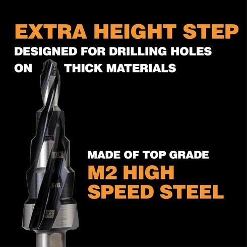 M2 High Speed Steel Step Drill Bit, 1/4 to 3/4 Inch for Hole Drilling in Stainless Steel, Copper, Aluminum, Wood,