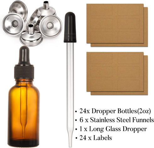 24 Pcs, 2 oz Dark Amber Dropper Bottles with 6 Small Funnels & 1 Long Glass Labels - 60ml Tincture Bottles w/ Eye Dropper for Essential Oils, Perfume, Hair Oil, Liquids - Leak Proof Travel Bottles by AOZITA