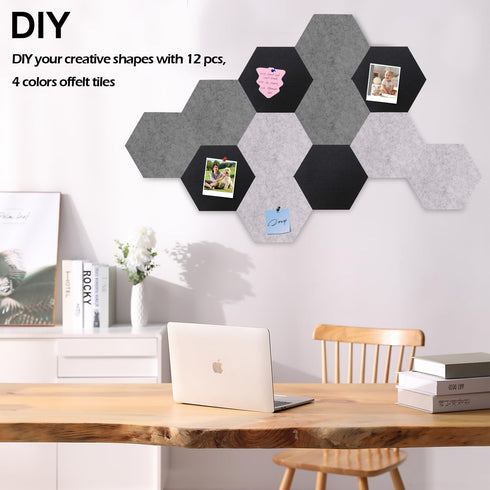 Gute 12 Pcs Self Adhesive Hexagon Felt Bulletin Board Tiles, Wall Decor for Memos Photos Display Cork Board