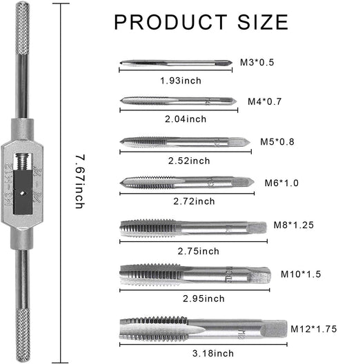 JONMON 8Pcs Metric Tap Set, M3-M12 Hand Screw Thread Plug Taps with Adjustable Thread Tap Reamer Wrench Milling Machine Tapping Kit for Woodworking and Machinery Repair by JONMON