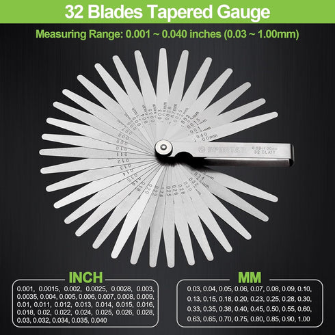 Spurtar Feeler Gauges Set - 32 Blades, 0.001-0.04" (0.03-1.00mm), Stainless Steel, Dual Marked SAE and Metric