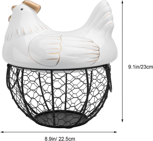 jojofuny Portable Chicken-shaped Storage Basket with Lid, Iron Art Fruit and Vegetable Organizer Box, White with Gold