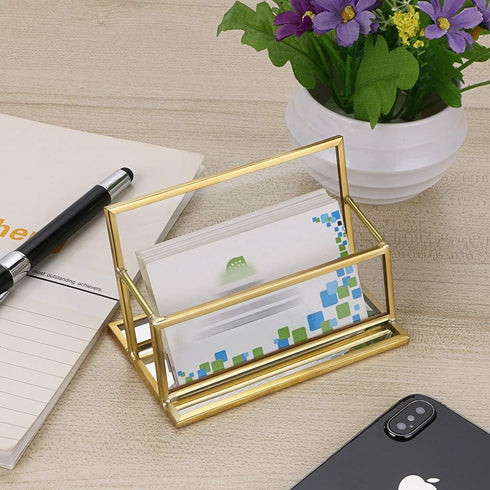 Hipiwe Vintage Gold Metal Business Card Holder Stand, Office Desktop Countertop Name Card Display Organizer
