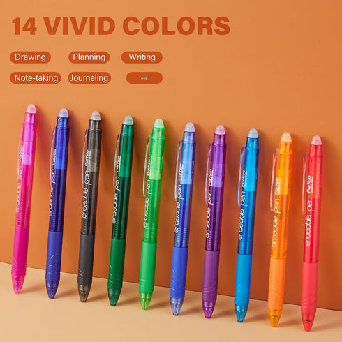 ParKoo Retractable Erasable Gel Pens Clicker - 14 Colors, Fine Point 0.7mm for Writing and Drawing