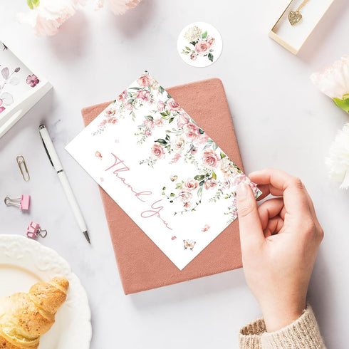 50 Pack Whaline Pink Flower Thank You Cards Floral Thank You Greeting Note Cards Boxed with Envelope Sticker